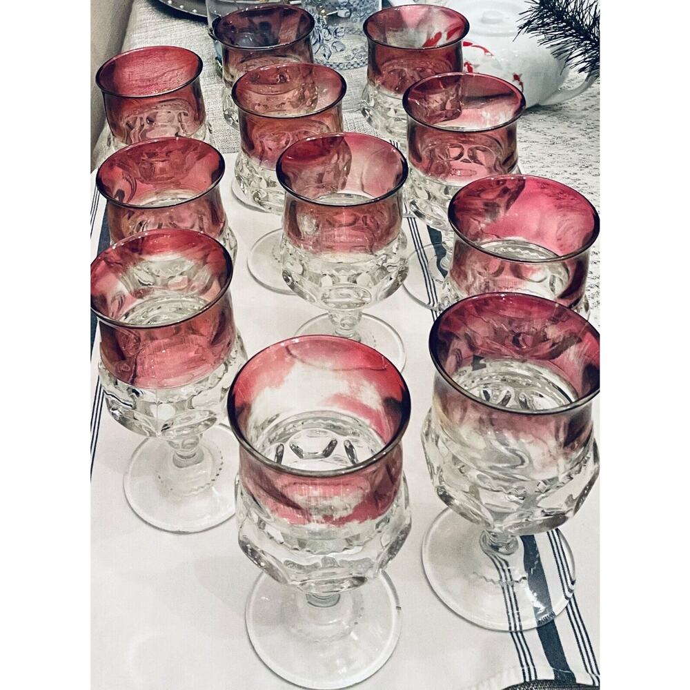 ELEVEN (11) 4" Tall King's Crown Thumbprint Line Cranberry Flashed Wine Glasses